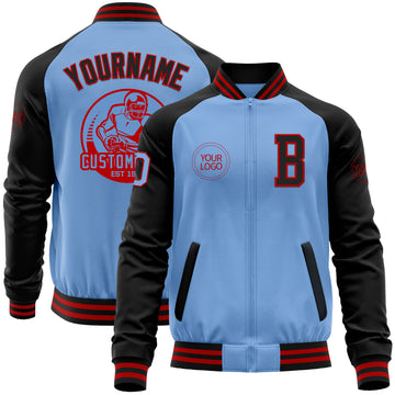 Custom Light Blue Red-Black Bomber Varsity Letterman Two Tone Zipper Jacket