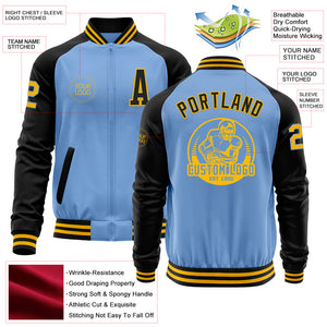 Custom Light Blue Gold-Black Bomber Varsity Letterman Two Tone Zipper Jacket