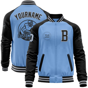 Custom Light Blue Gray-Black Bomber Varsity Letterman Two Tone Zipper Jacket