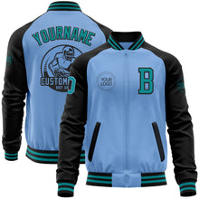 Load image into Gallery viewer, Custom Light Blue Teal-Black Bomber Varsity Letterman Two Tone Zipper Jacket
