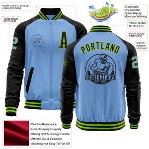 Custom Light Blue Neon Green-Black Bomber Varsity Letterman Two Tone Zipper Jacket