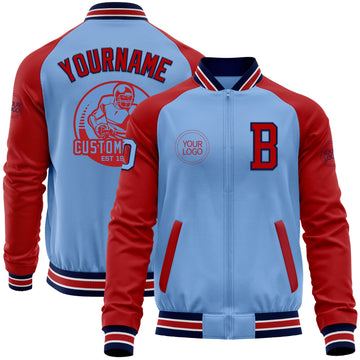 Custom Light Blue Navy-Red Bomber Varsity Letterman Two Tone Zipper Jacket