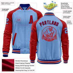 Custom Light Blue Royal-Red Bomber Varsity Letterman Two Tone Zipper Jacket