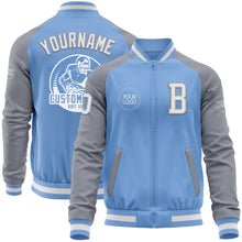 Load image into Gallery viewer, Custom Light Blue White-Gray Bomber Varsity Letterman Two Tone Zipper Jacket
