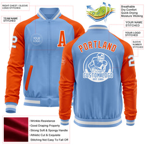 Custom Light Blue White-Orange Bomber Varsity Letterman Two Tone Zipper Jacket