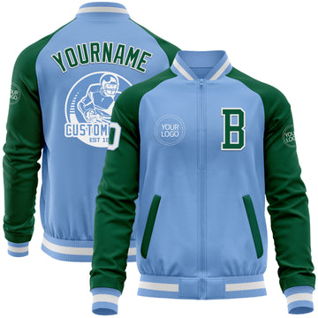 Custom Light Blue White-Kelly Green Bomber Varsity Letterman Two Tone Zipper Jacket