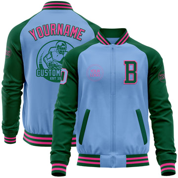 Custom Light Blue Pink-Kelly Green Bomber Varsity Letterman Two Tone Zipper Jacket