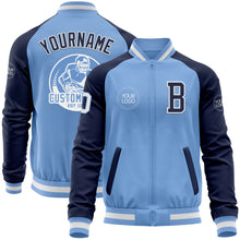 Load image into Gallery viewer, Custom Light Blue White-Navy Bomber Varsity Letterman Two Tone Zipper Jacket
