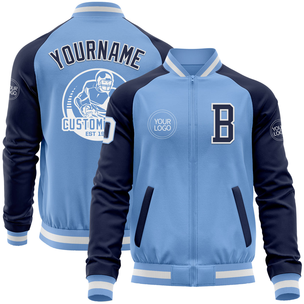 Custom Light Blue White-Navy Bomber Varsity Letterman Two Tone Zipper Jacket