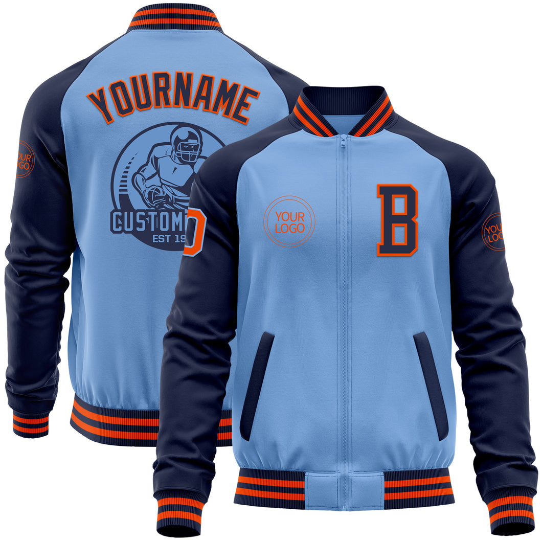 Custom Light Blue Orange-Navy Bomber Varsity Letterman Two Tone Zipper Jacket