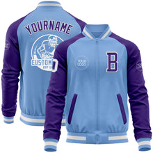 Load image into Gallery viewer, Custom Light Blue White-Purple Bomber Varsity Letterman Two Tone Zipper Jacket
