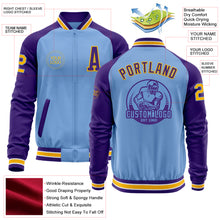 Load image into Gallery viewer, Custom Light Blue Gold-Purple Bomber Varsity Letterman Two Tone Zipper Jacket
