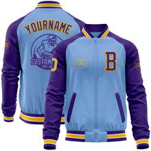 Load image into Gallery viewer, Custom Light Blue Gold-Purple Bomber Varsity Letterman Two Tone Zipper Jacket
