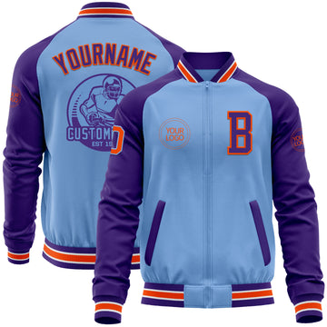 Custom Light Blue Orange-Purple Bomber Varsity Letterman Two Tone Zipper Jacket