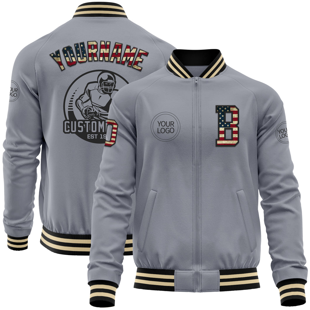 Custom Gray Vintage USA Flag Black-Cream Bomber Varsity Letterman Zipper Jacket