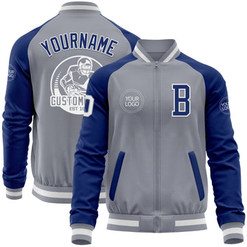 Custom Gray White-Royal Bomber Varsity Letterman Two Tone Zipper Jacket