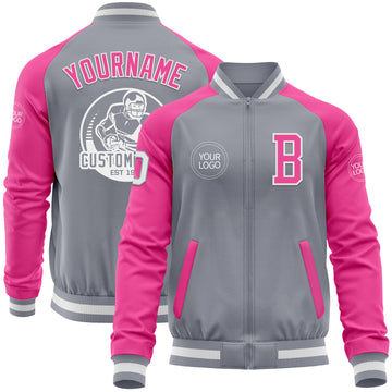 Custom Gray White-Pink Bomber Varsity Letterman Two Tone Zipper Jacket