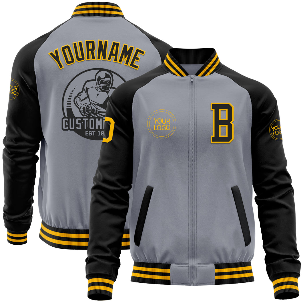 Custom Gray Gold-Black Bomber Varsity Letterman Two Tone Zipper Jacket