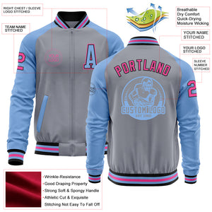 Custom Gray Pink Black-Light Blue Bomber Varsity Letterman Two Tone Zipper Jacket