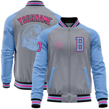 Load image into Gallery viewer, Custom Gray Pink Black-Light Blue Bomber Varsity Letterman Two Tone Zipper Jacket
