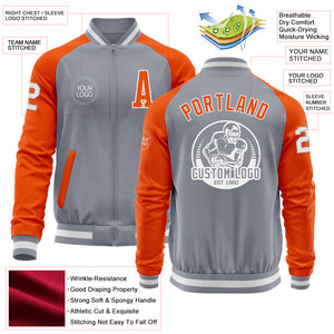 Custom Gray White-Orange Bomber Varsity Letterman Two Tone Zipper Jacket