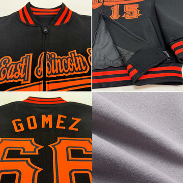 Custom Gray Navy-Orange Bomber Varsity Letterman Two Tone Zipper Jacket