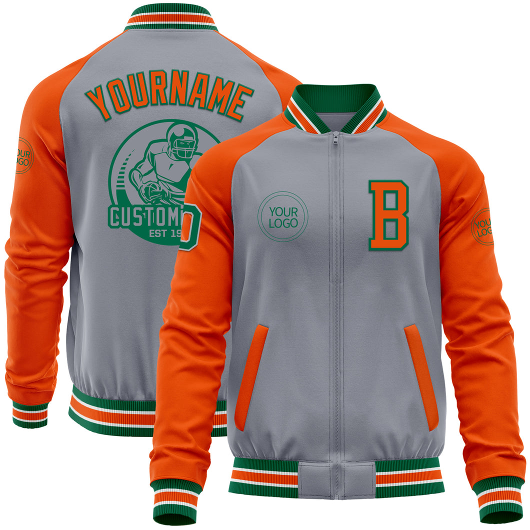 Custom Gray Kelly Green-Orange Bomber Varsity Letterman Two Tone Zipper Jacket