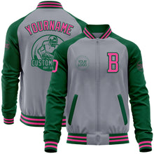 Load image into Gallery viewer, Custom Gray Pink-Kelly Green Varsity Letterman Two Tone Zipper Jacket
