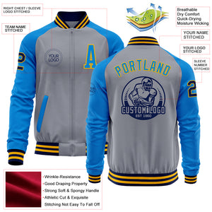 Custom Gray Navy Gold-Powder Blue Varsity Letterman Two Tone Zipper Jacket