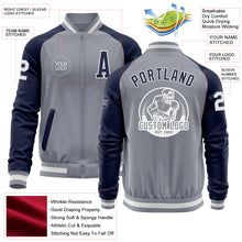 Load image into Gallery viewer, Custom Gray White-Navy Varsity Letterman Two Tone Zipper Jacket
