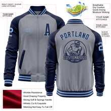 Load image into Gallery viewer, Custom Gray Light Blue-Navy Varsity Letterman Two Tone Zipper Jacket
