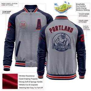 Custom Gray Red-Navy Varsity Letterman Two Tone Zipper Jacket