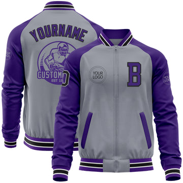 Custom Gray Black-Purple Varsity Letterman Two Tone Zipper Jacket