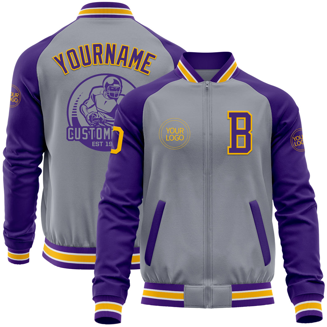 Custom Gray Gold-Purple Varsity Letterman Two Tone Zipper Jacket