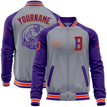 Load image into Gallery viewer, Custom Gray Orange-Purple Varsity Letterman Two Tone Zipper Jacket
