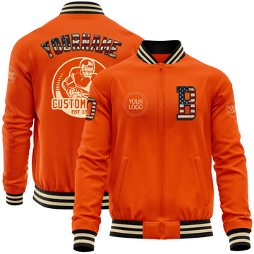 Custom Orange Vintage USA Flag Black-Cream Bomber Varsity Letterman Zipper Jacket