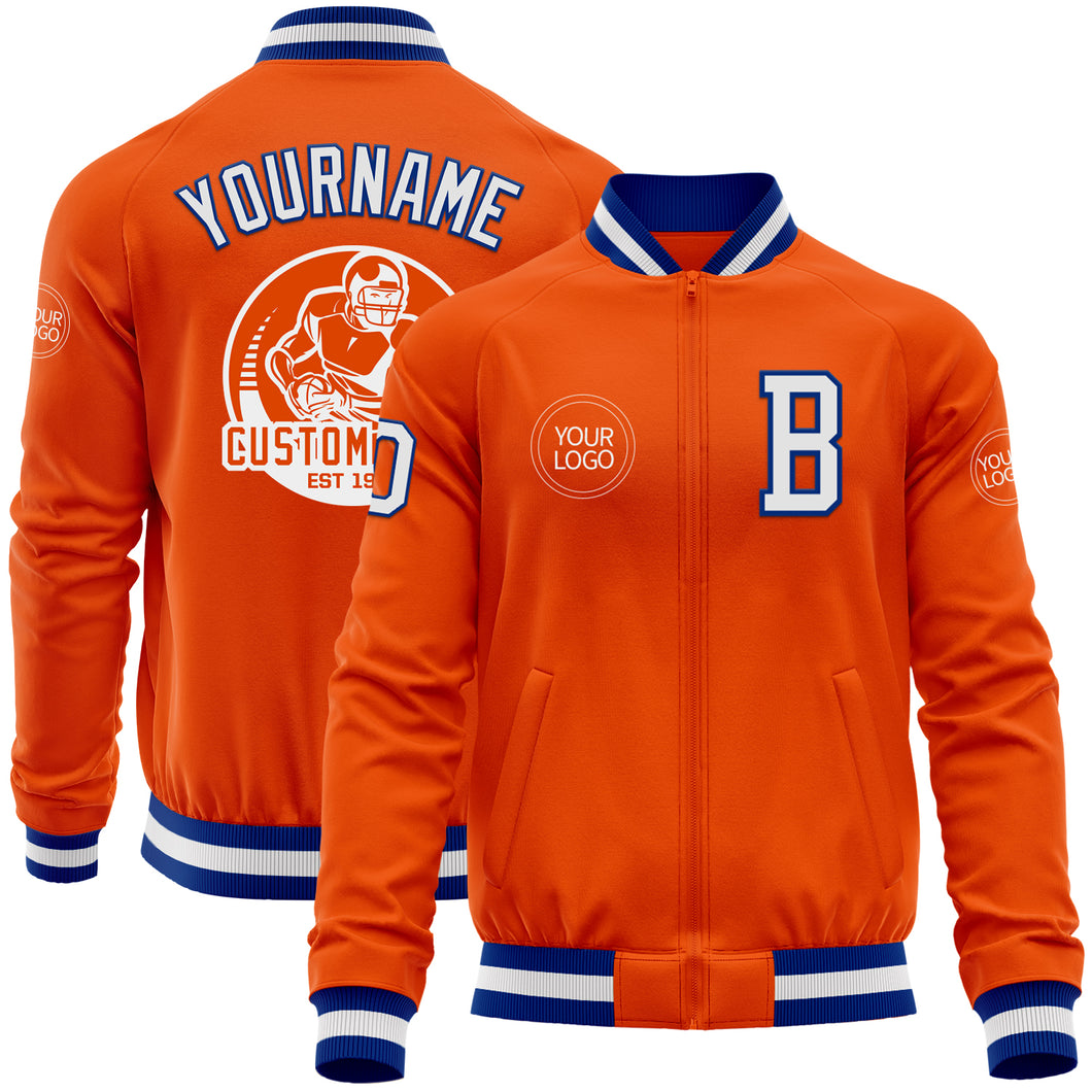 Custom Orange White-Royal Bomber Varsity Letterman Zipper Jacket