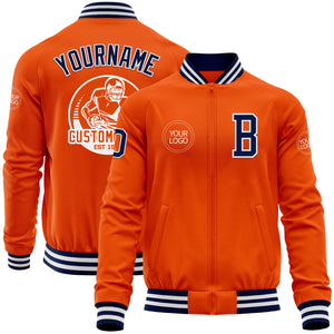 Custom Orange Navy-White Bomber Varsity Letterman Zipper Jacket