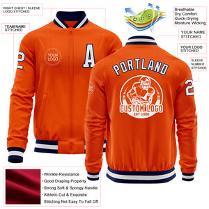 Custom Orange White-Navy Bomber Varsity Letterman Zipper Jacket