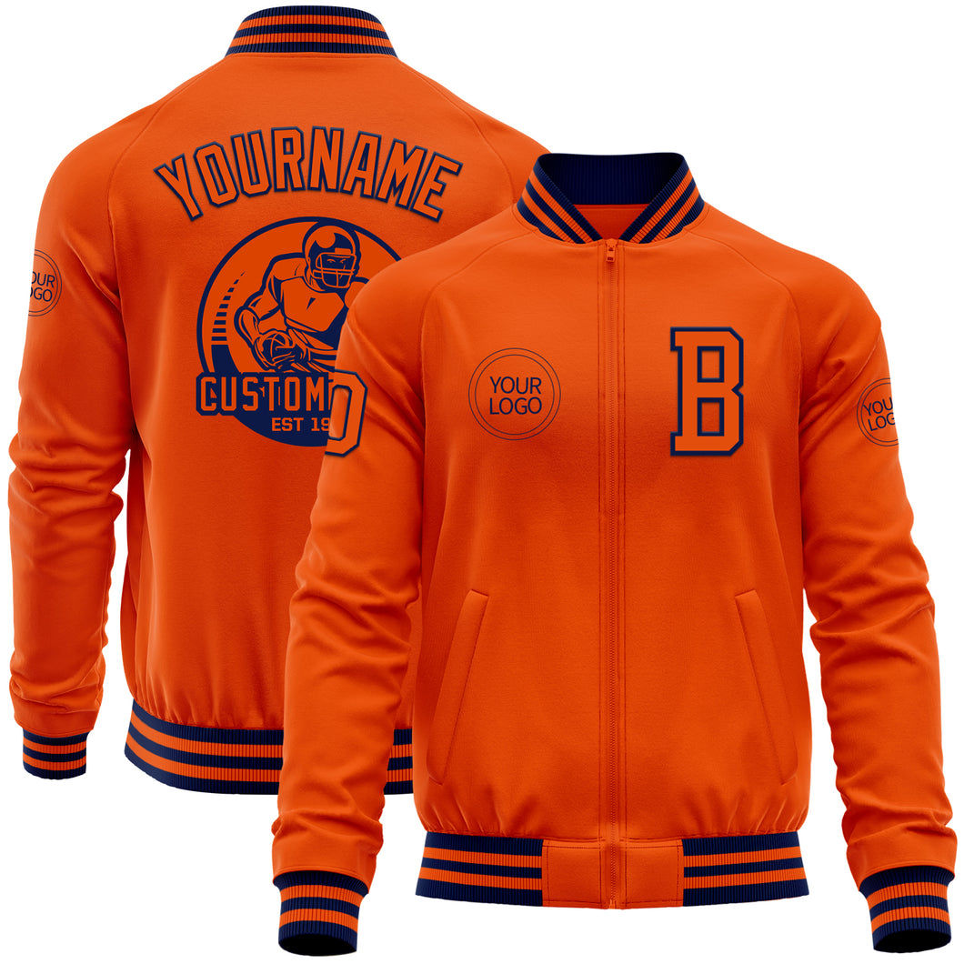 Custom Orange Navy Bomber Varsity Letterman Zipper Jacket