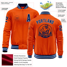 Load image into Gallery viewer, Custom Orange Navy-Light Blue Bomber Varsity Letterman Zipper Jacket
