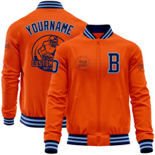 Load image into Gallery viewer, Custom Orange Navy-Light Blue Bomber Varsity Letterman Zipper Jacket
