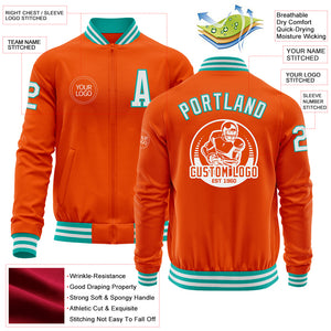 Custom Orange White-Aqua Bomber Varsity Letterman Zipper Jacket