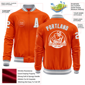 Custom Orange White-Gray Bomber Varsity Letterman Zipper Jacket