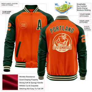 Custom Orange Cream-Green Bomber Varsity Letterman Two Tone Zipper Jacket