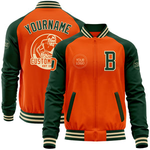 Custom Orange Cream-Green Bomber Varsity Letterman Two Tone Zipper Jacket