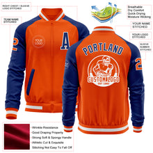 Load image into Gallery viewer, Custom Orange White-Royal Bomber Varsity Letterman Two Tone Zipper Jacket
