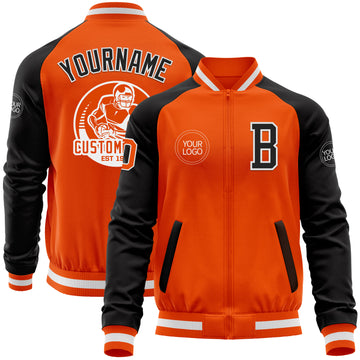 Custom Orange White-Black Bomber Varsity Letterman Two Tone Zipper Jacket