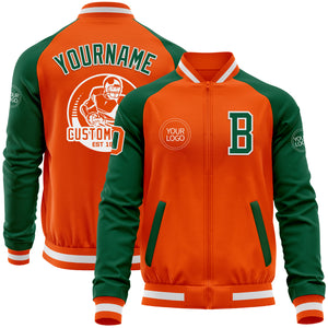 Custom Orange White-Kelly Green Bomber Varsity Letterman Two Tone Zipper Jacket