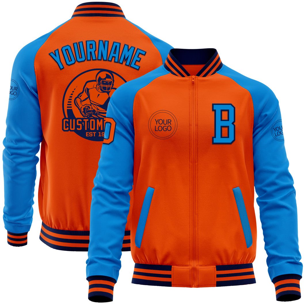 Custom Orange Navy-Powder Blue Bomber Varsity Letterman Two Tone Zipper Jacket